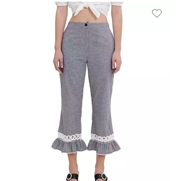 Maje Pitchy Cotton Gingham Ruffled Pants Navy Blue White Trouser Sz 34 XS NEW - Picture 1 of 11